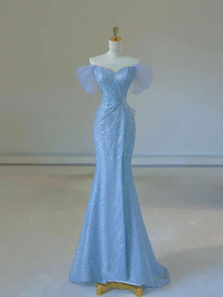 Wholesale Elegant Mermaid Off The Shoulder Sequin Blue Evening Dress Long Prom Dresses formal wear dresses